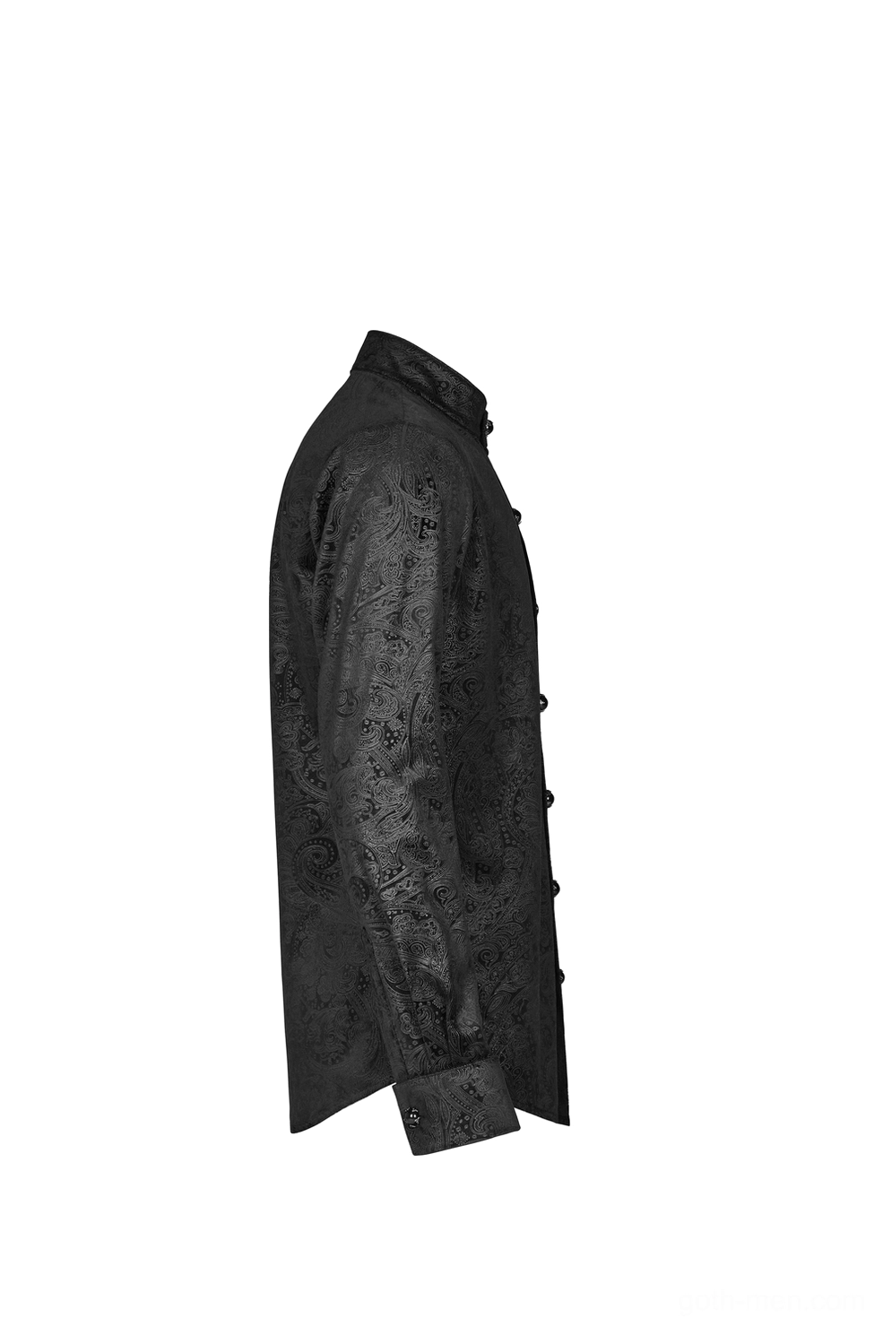 Side profile of black gothic dress shirt showing fitted silhouette and gemstone cuff button detail