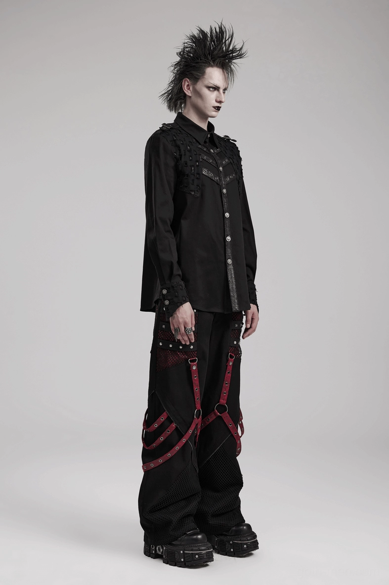 Black studded gothic shirt complete styling view with metal skull buckle centerpiece and shoulder metal trim
