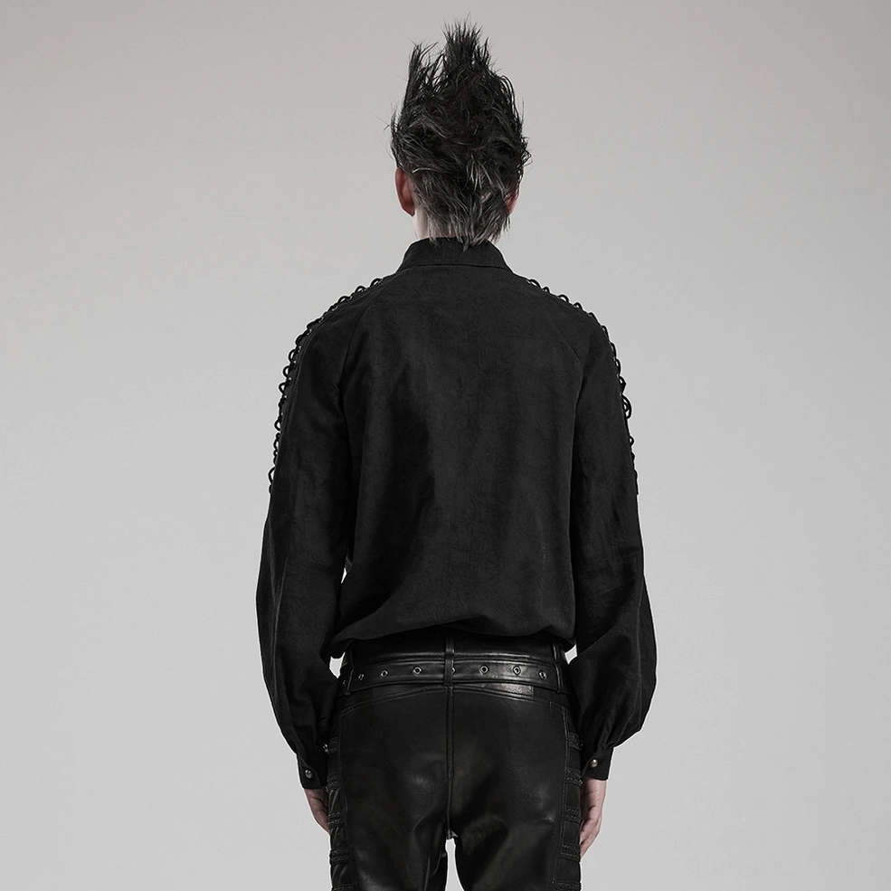 Black lace-up gothic shirt for men - styled model wearing shirt showcasing draped sleeves and loose fit aesthetic
