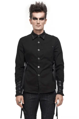 Black gothic long sleeve shirt with tactical nylon straps front view on male model studio shot