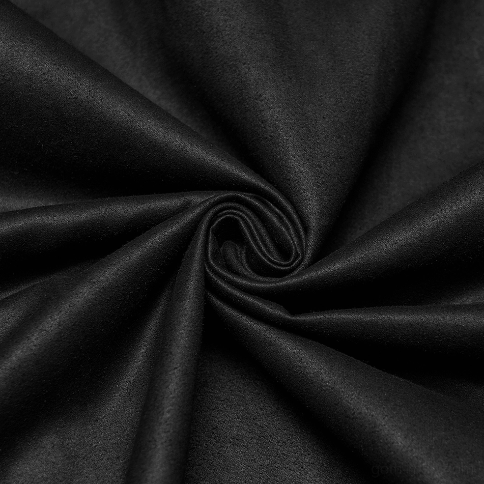 Black gothic suede shirt showing washed finish and metal trim under studio lighting