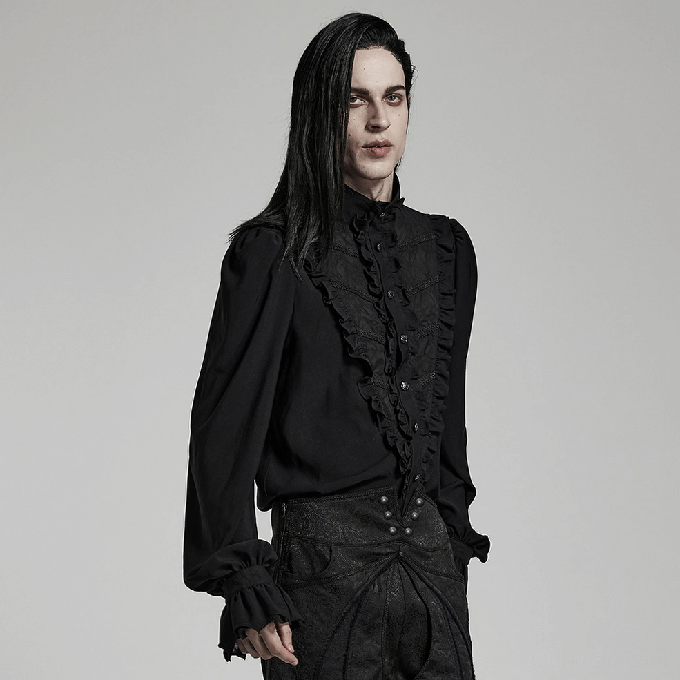Model wearing black Victorian ruffle gothic shirt showcasing how stand collar and ruffled placket appear when worn