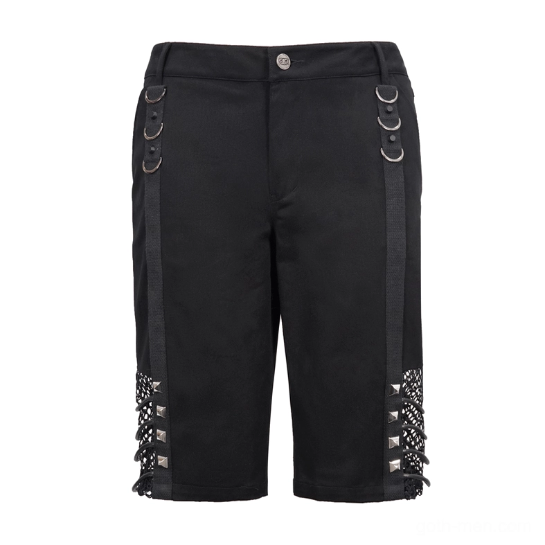 Black rivet mesh shorts flat lay front displaying D-ring straps and fishnet hem