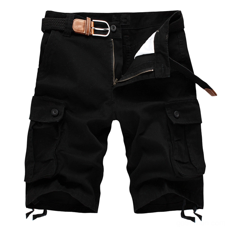 Black cargo shorts with brown leather belt, flap side pockets, and zipper fly closure