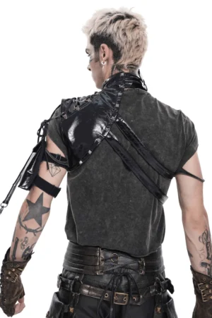 Black gothic shoulder harness vest back view showing asymmetric strap design and rivet accents