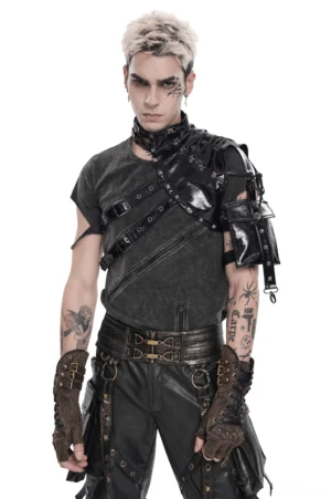 Black gothic lace-up shoulder harness vest front view on tattooed male model with metal studs and buckle details