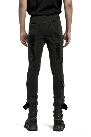 Black gothic punk jeans back view on male model - full body shot showing back pockets and ribbed panels