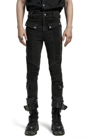 Black gothic skinny jeans front view on male model - full body shot with drawstring waist and ribbed knee panels