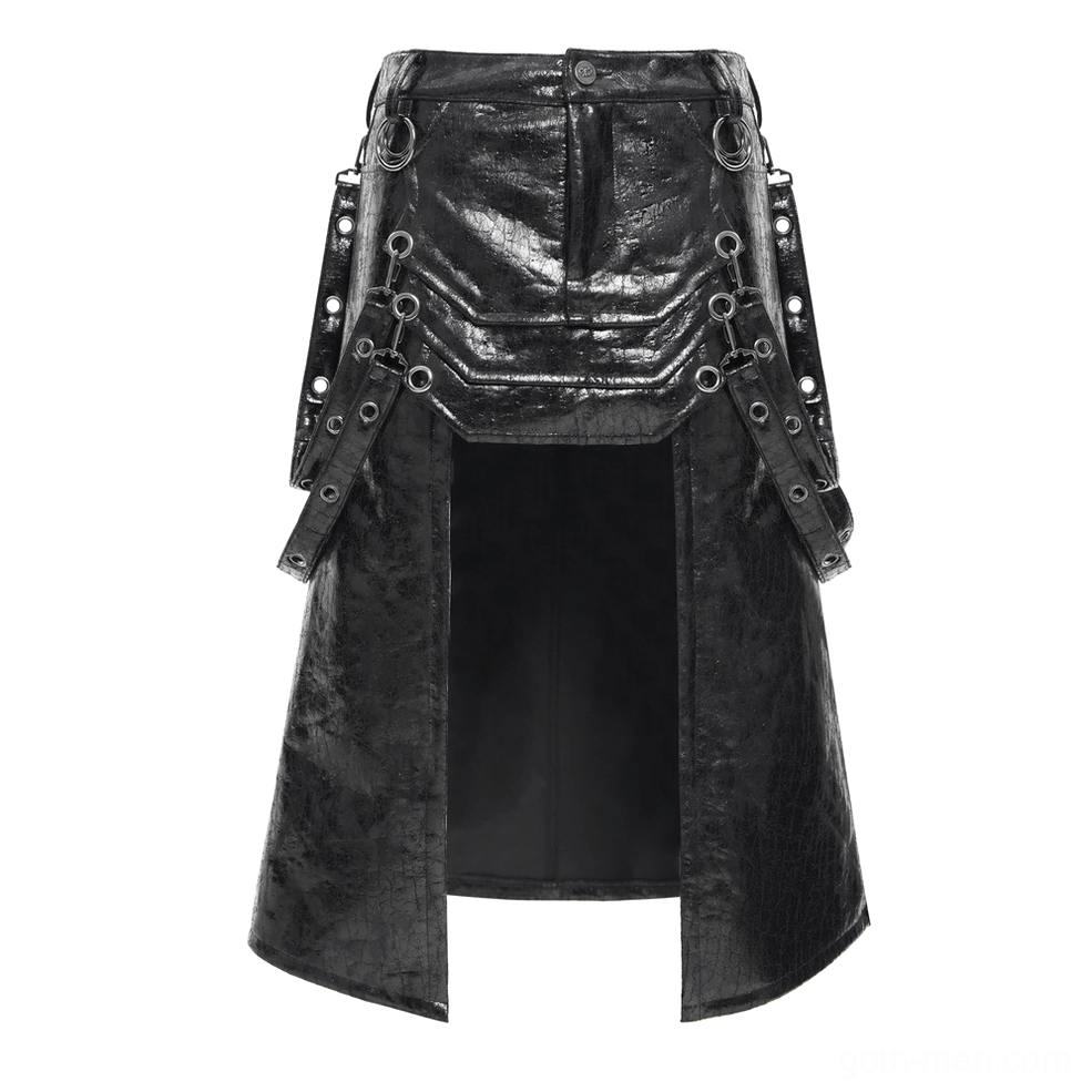 Product close-up of black cracked faux leather gothic skirt showing texture and front pocket details
