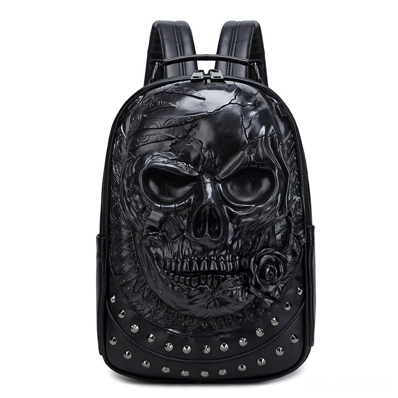 Black 3D embossed gothic skull backpack with studded accents - front view alternative fashion