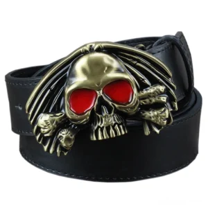 Black skull buckle gothic belt for men with red enamel eyes, antique bronze buckle on black PU leather strap, front view