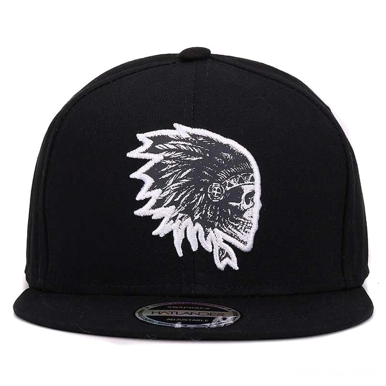 Black cotton cap with white embroidered skull feather logo, front facing gothic snapback design