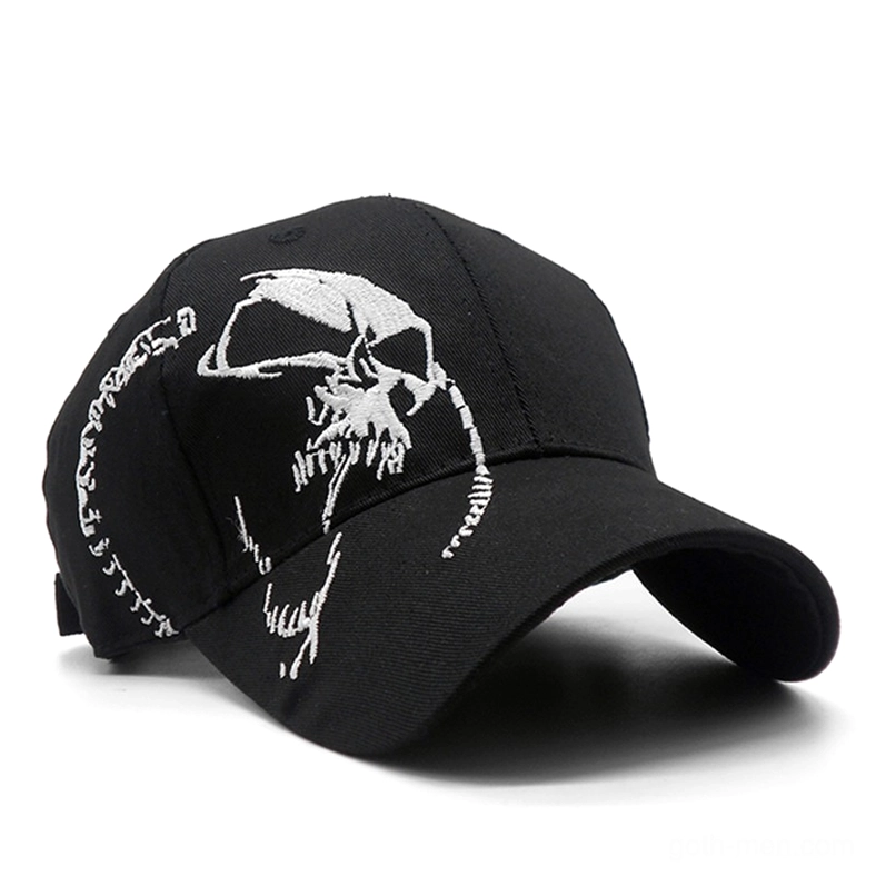 Black skull embroidered gothic baseball cap three-quarter angle, alternative fashion headwear showcase