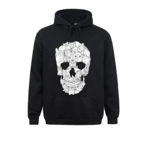 Black oversized gothic skull and cat print hoodie with kangaroo pocket front flat lay