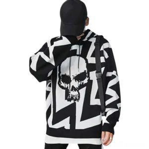 Black gothic skull print knitted hoodie back view - male model wearing streetwear hoodie with large skull graphic