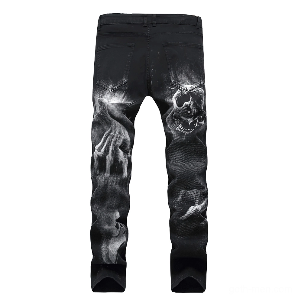 Black gothic skull jeans rear view showing back pockets and skull graphic details
