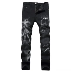 Black gothic skull jeans with 3D printed details - front view flat lay display