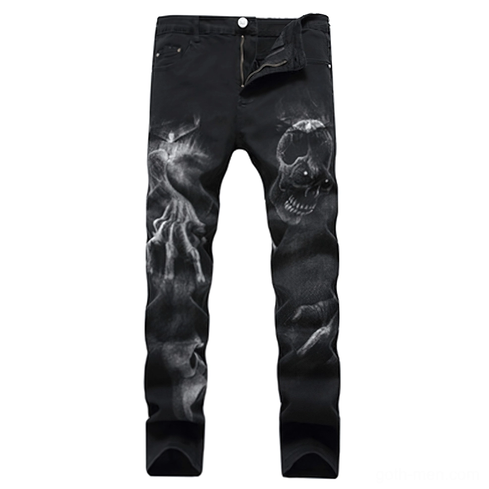 Black gothic skull jeans with 3D printed details - front view flat lay display