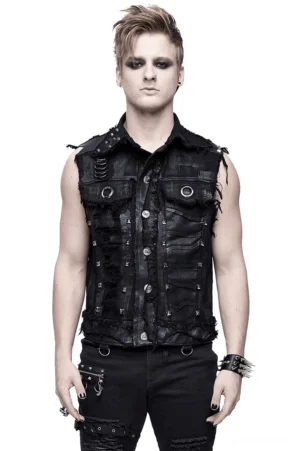 Black gothic skull waistcoat with pyramid studs and turned-down collar front view on male model