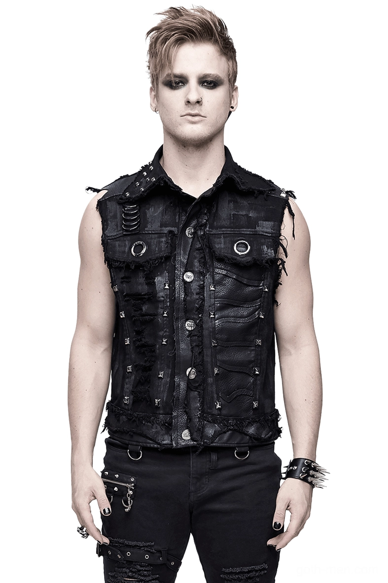 Black gothic skull waistcoat with pyramid studs and turned-down collar front view on male model