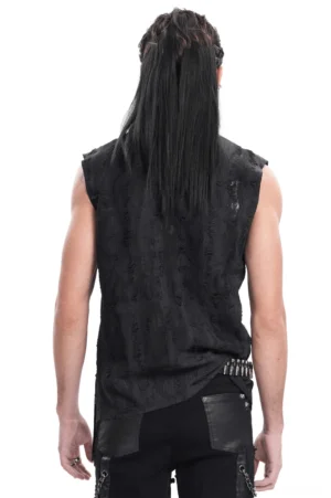 Black gothic sleeveless shirt back view showing distressed texture and studded belt accessory on male model