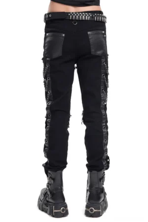 Black gothic slim-fit pants rear view showing leather pockets and side chain details