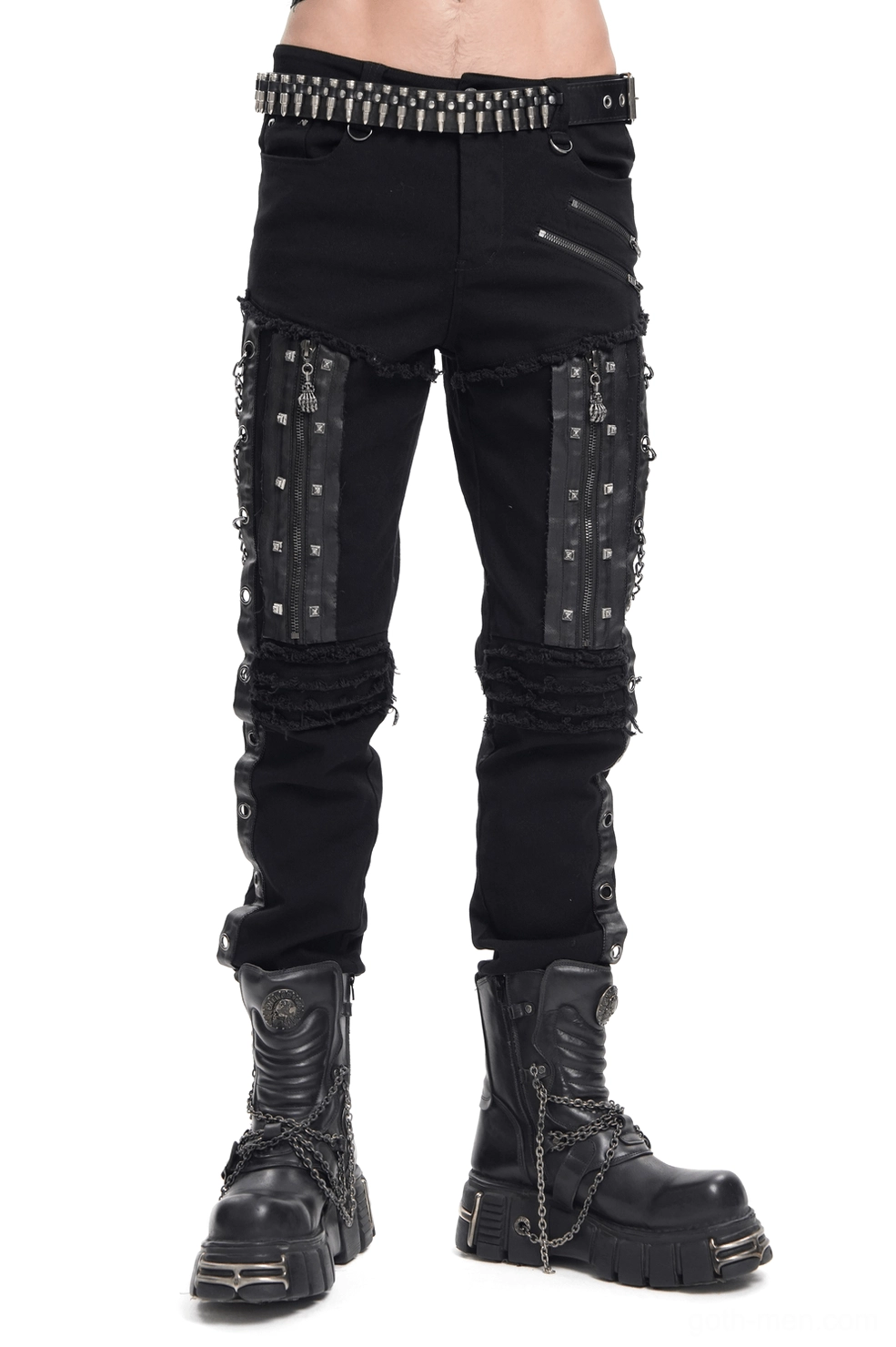Black gothic slim-fit pants with chain and zipper details front view on male model in studio