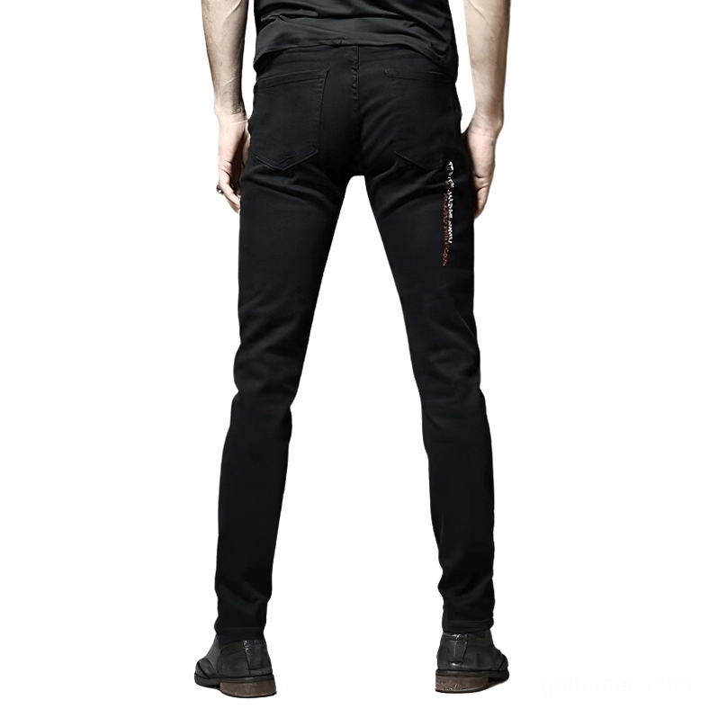 Black slim distressed denim jeans rear view showing side embroidery details on male model