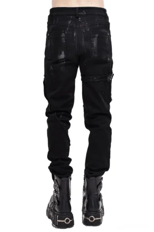 Rear view of black gothic slim-fit trousers featuring distressed texture and cargo pocket detail