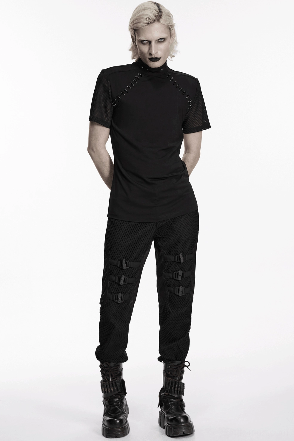 Black gothic slim pants with textured mesh front and leg buckles - styling shot