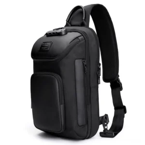 Black waterproof mens sling crossbody bag front three-quarter view with combination lock and multiple zipper pockets