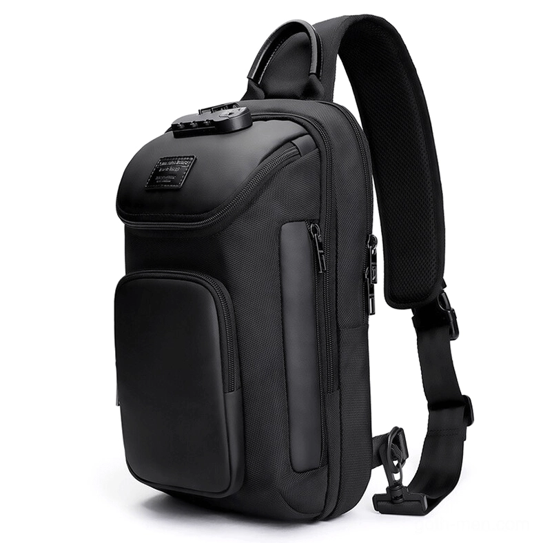 Black waterproof mens sling crossbody bag front three-quarter view with combination lock and multiple zipper pockets