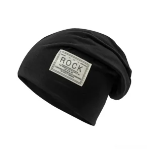 Black gothic slouch beanie with embroidered rock patch front view