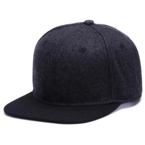 Solid black gothic wool snapback baseball cap front view, flat brim design with clean lines and minimalist dark aesthetic