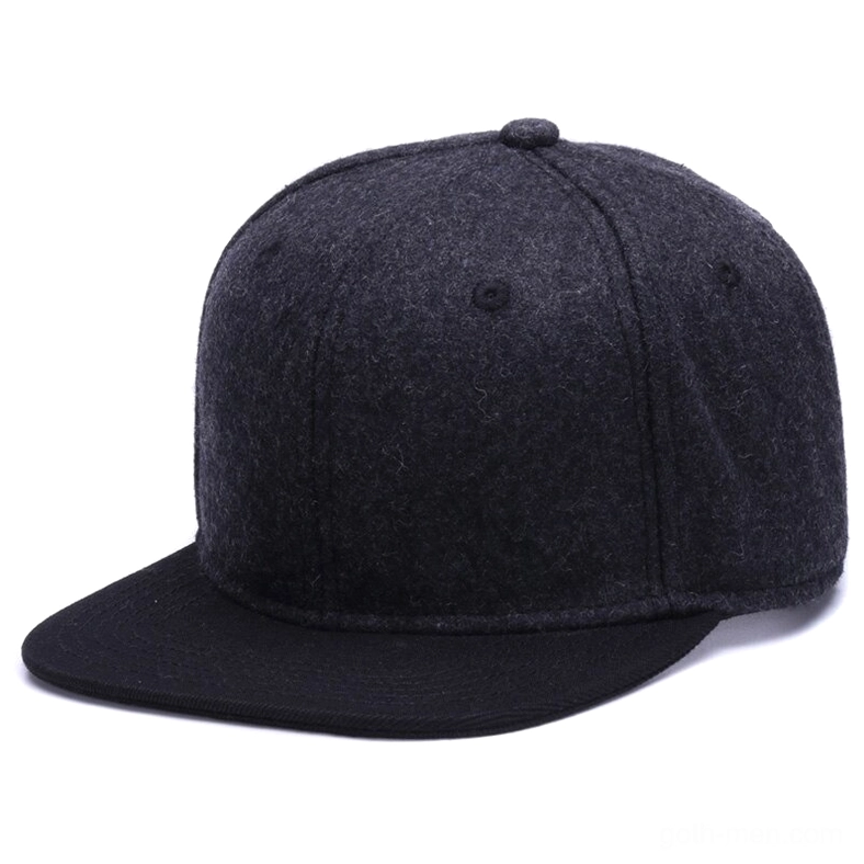 Solid black gothic wool snapback baseball cap front view, flat brim design with clean lines and minimalist dark aesthetic