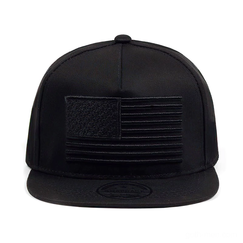 All-black gothic snapback cap with USA flag embroidery centered