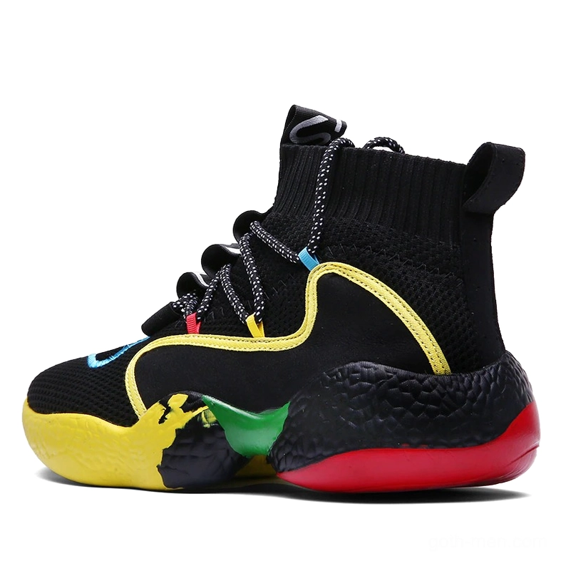 Black gothic high-top sneaker rear three-quarter angle with multi-color thick outsole and reflective details