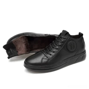 Black leather sneaker with velvet lining revealed, mid-top gothic shoe with fleece interior detail