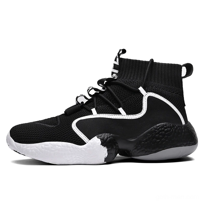 Black gothic lace-up high-top sneaker with white accents and grey-white outsole, side profile view