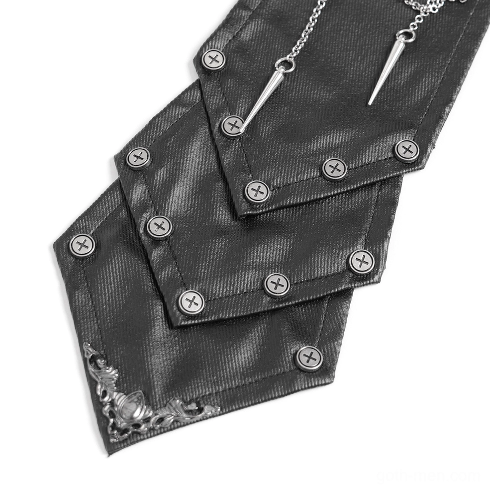 Black gothic spider web chain necktie with studded accents and metal hardware detail shot