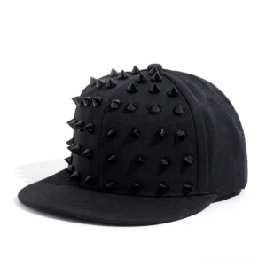 All-black studded goth snapback cap with matte black pyramid spikes, alternative punk baseball hat