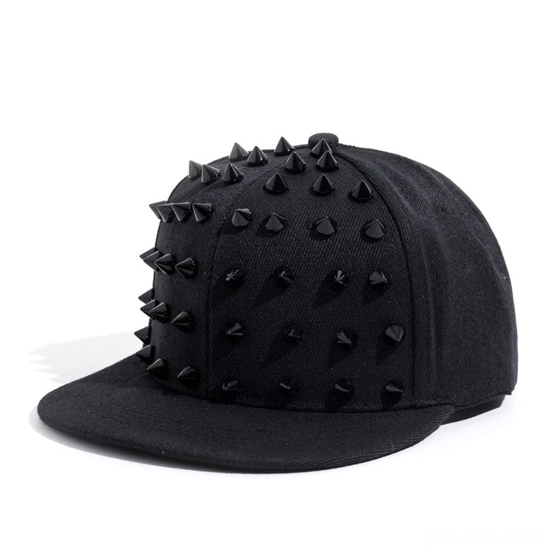 All-black studded goth snapback cap with matte black pyramid spikes, alternative punk baseball hat