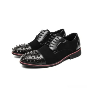 Men's black spiked gothic derby shoes with metal studs on toe cap, three-quarter front view