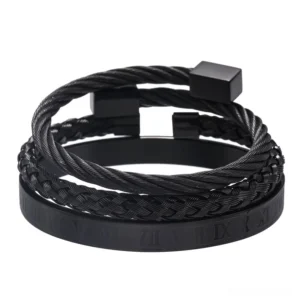 Matte black 3-piece gothic stainless steel bangle set with twisted cable and flat Roman numeral cuff bracelets