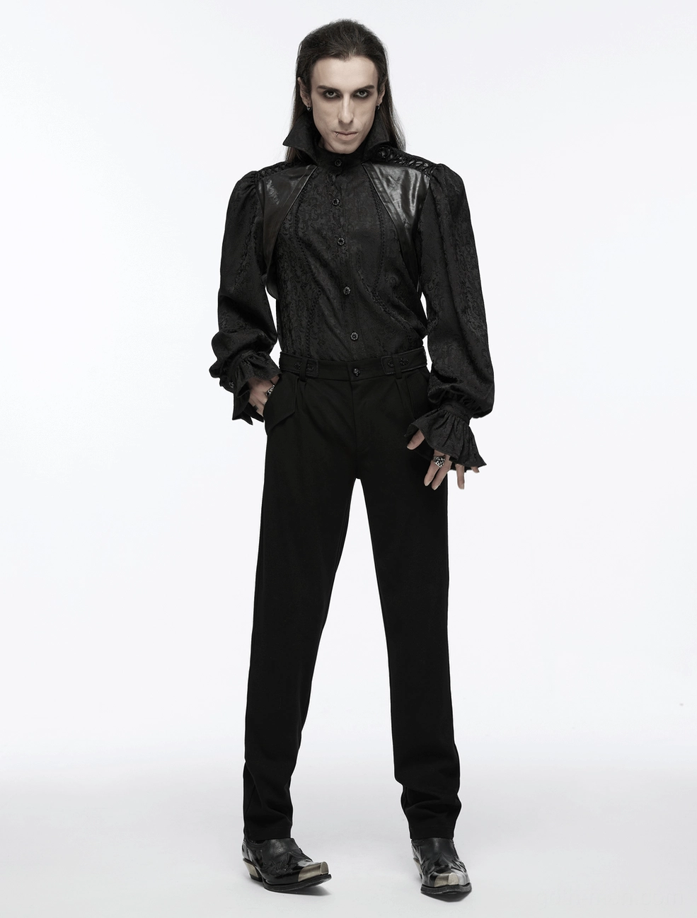 Black gothic stand collar shirt architectural silhouette emphasizing elevated alternative fashion aesthetic