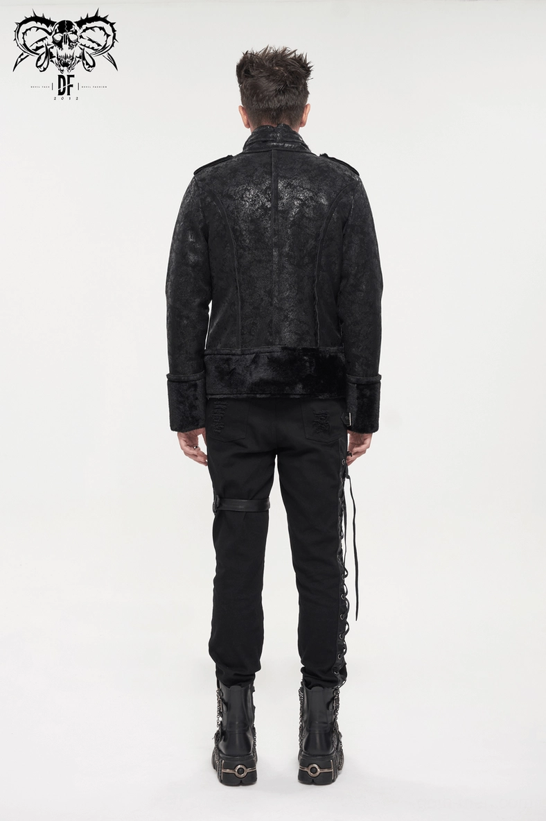 Full view of black gothic jacket showcasing all design elements and hardware