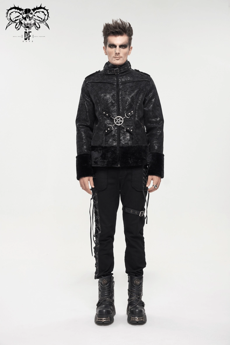 Full body front view of man wearing black gothic stand collar jacket with buckle