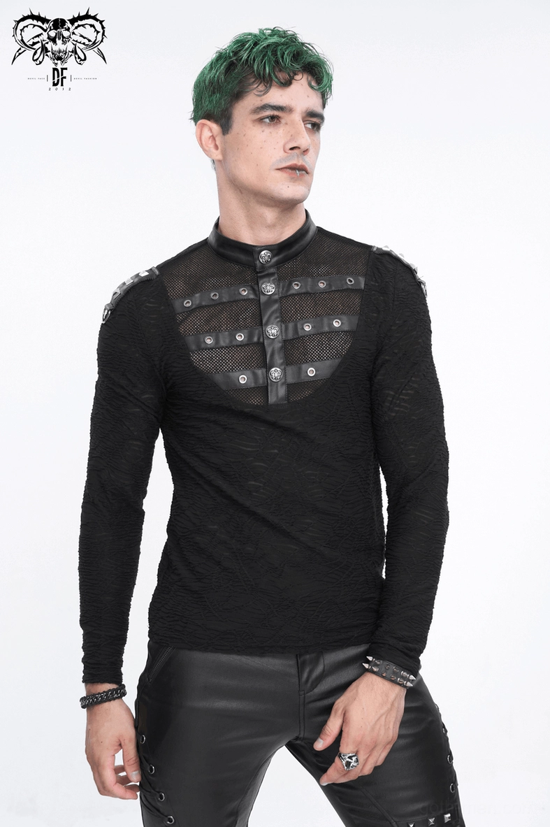 Black textured gothic stand collar top with mesh chest and rivet accents - styled alternative wear