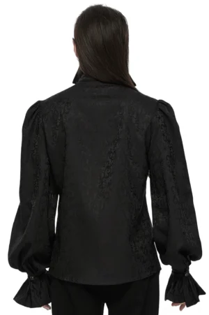 Black gothic stand collar shirt rear view showing jacquard woven fabric pattern on back