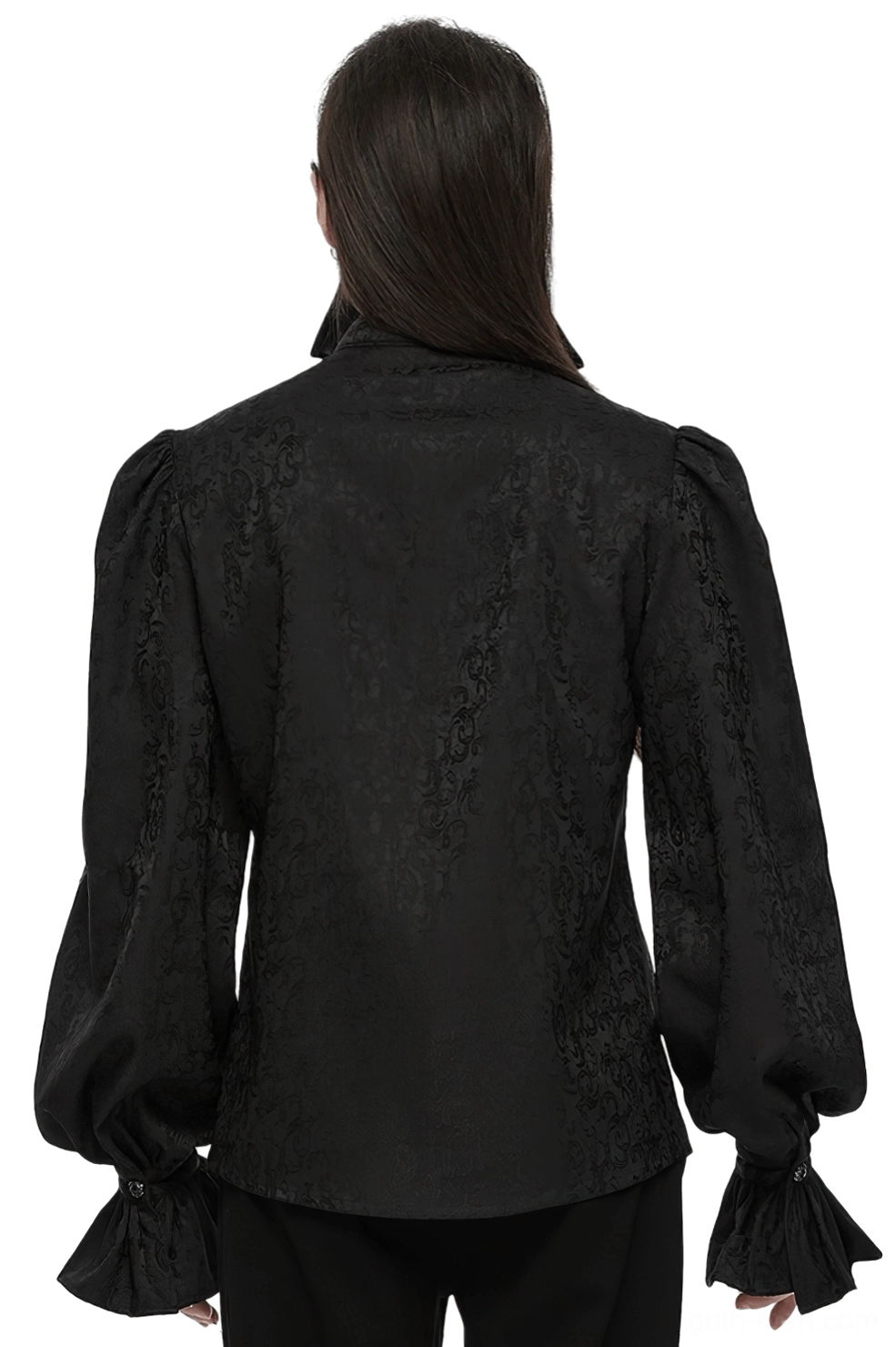 Black gothic stand collar shirt rear view showing jacquard woven fabric pattern on back